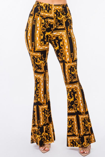 Baroque Print Flared Pants - Gold