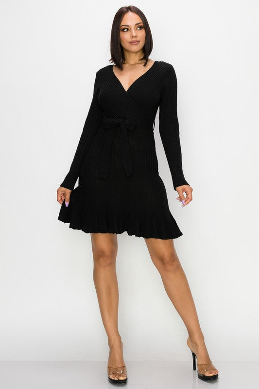 Peplum Surplice Sweater Dress - Black 