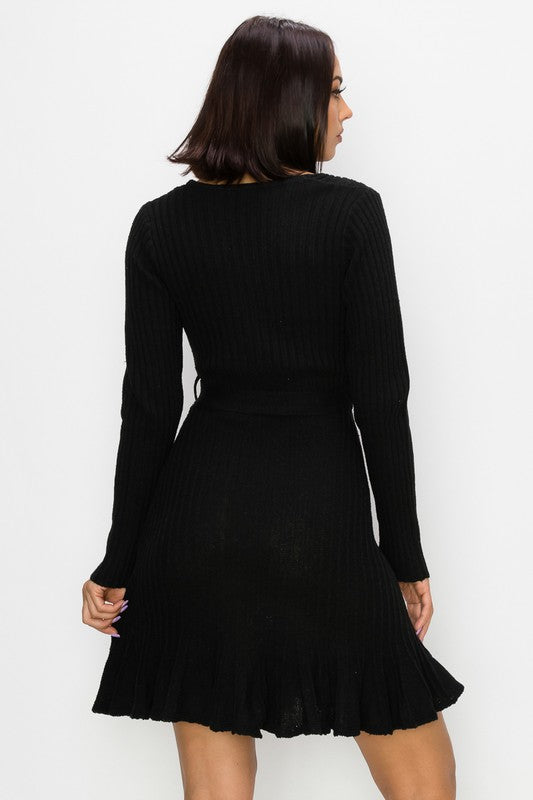 Peplum Surplice Sweater Dress - Black - Back View