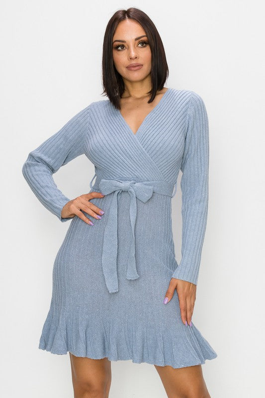 Peplum Surplice Sweater Dress - Blue