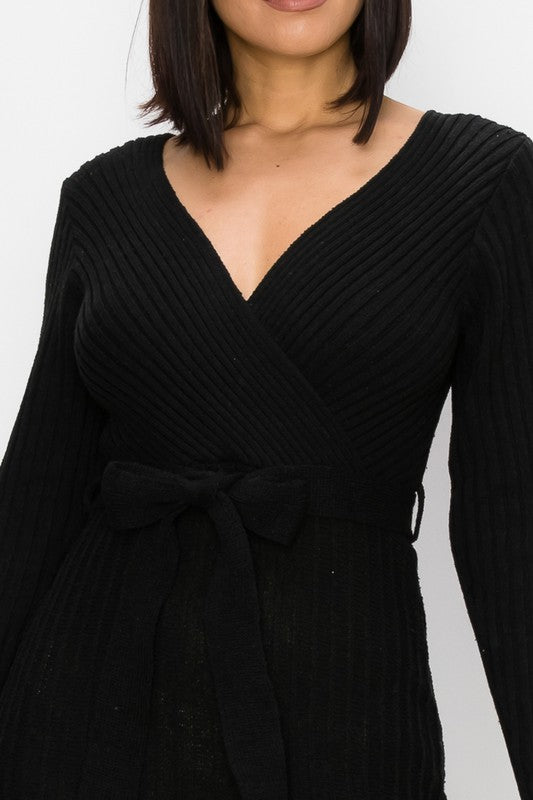 Peplum Surplice Sweater Dress - Black 