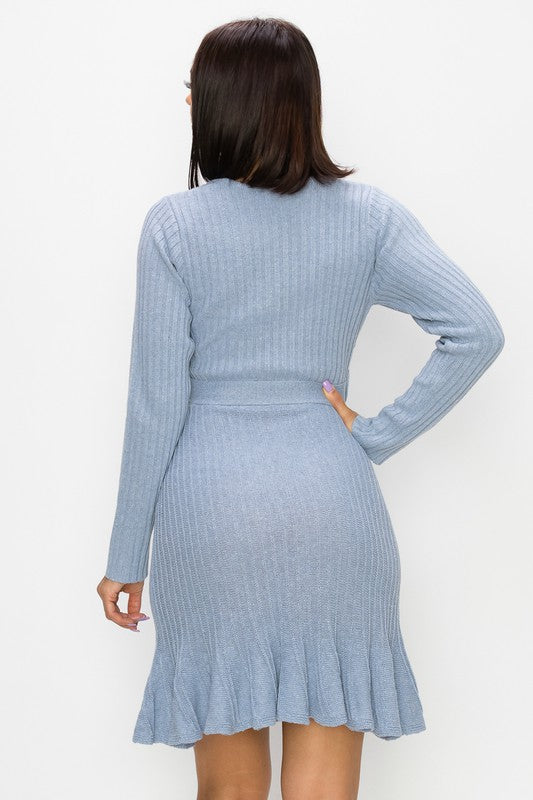 Peplum Surplice Sweater Dress - Blue - Back View