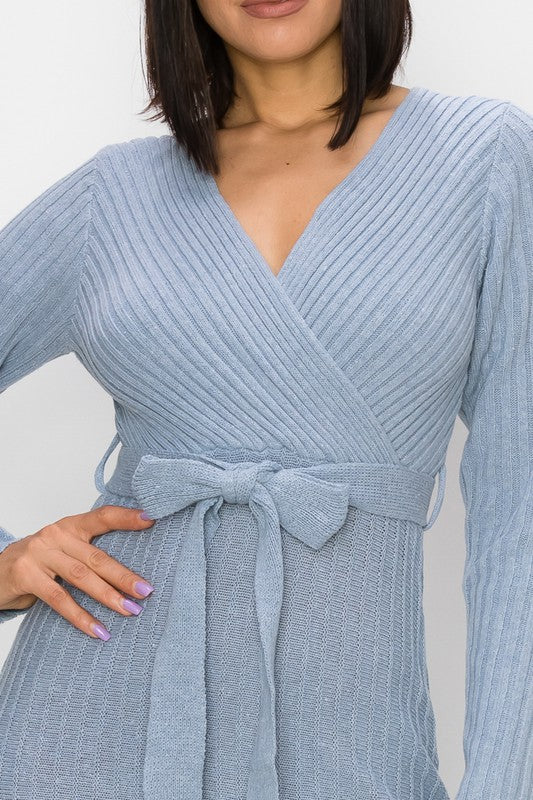 Peplum Surplice Sweater Dress - Blue