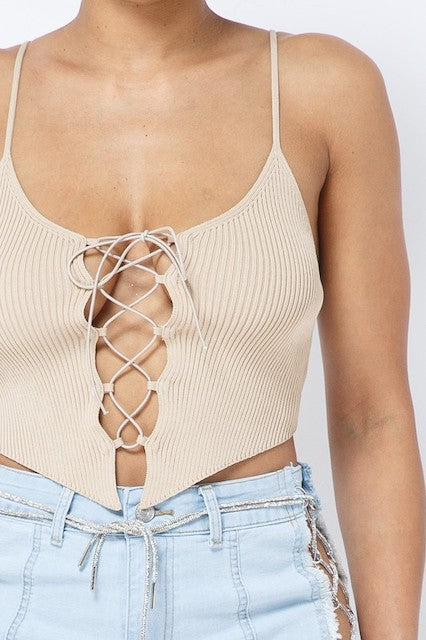 Rib Lace Up Crop Top - Nude