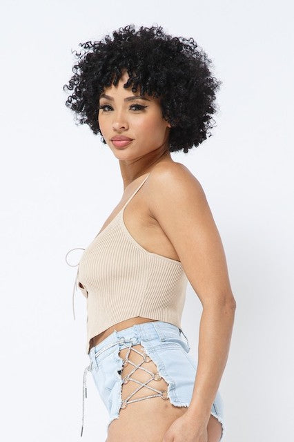 Rib Lace Up Crop Top - Nude