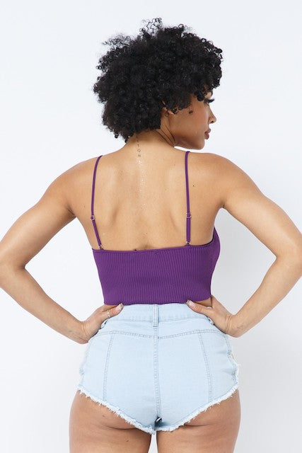Rib Lace Up Crop Top - Purple - Back View