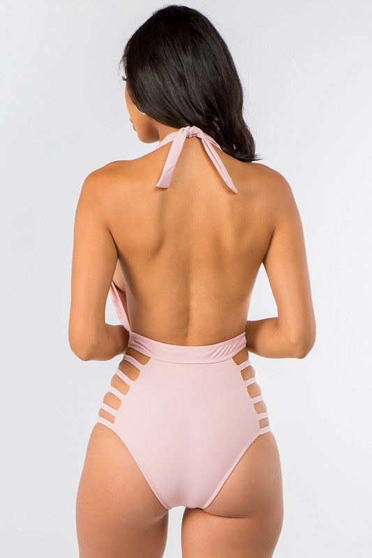 Chula Halter Caged Swimsuit - Pink - Back View