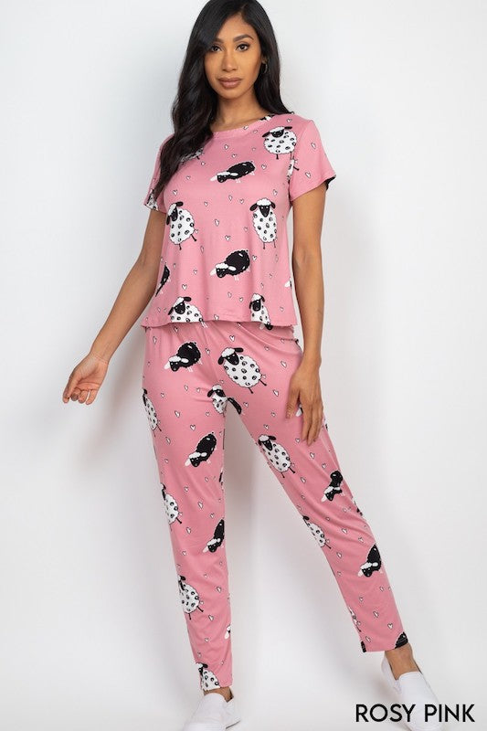 Rosy Pink - Animal Printed Short Sleeve Sheep Pajama Set - Pink