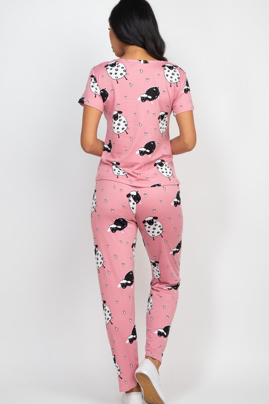 Animal Printed Short Sleeve Sheep Pajama Set - Pink - Back View