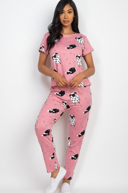 Animal Printed Short Sleeve Sheep Pajama Set - Pink