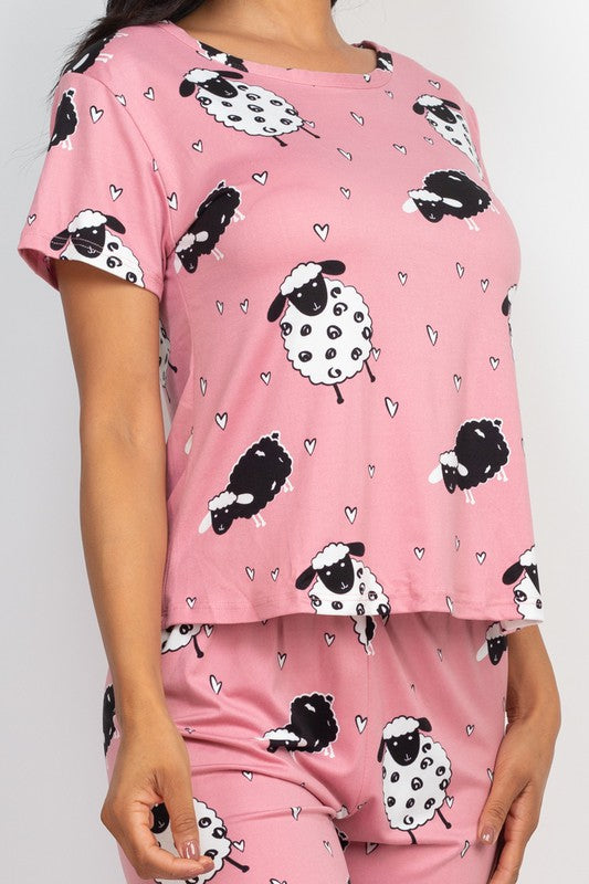 Animal Printed Short Sleeve Sheep Pajama Set - Pink - Close Up