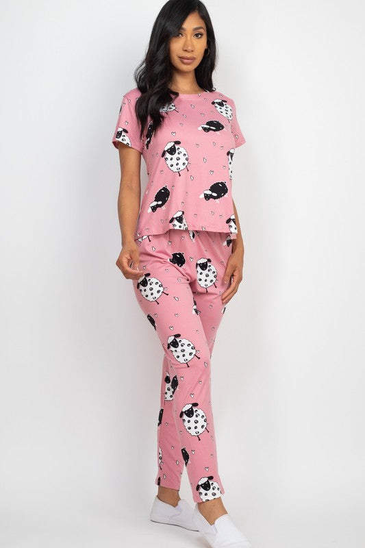 Animal Printed Short Sleeve Sheep Pajama Set - Pink