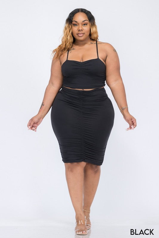 Plus Size Ruched Crop Top and Skirt Set in black