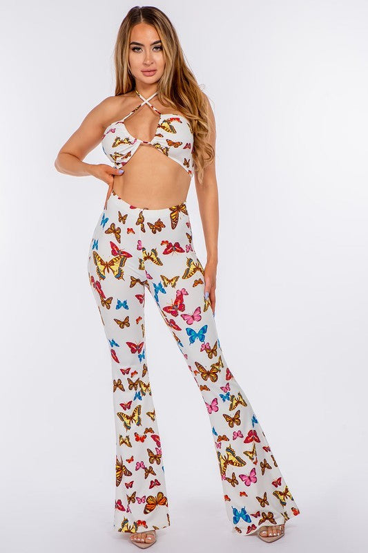 In Love Butterflies Bikini Top And Flared Long Pants Set - White