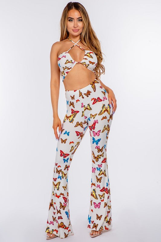 In Love Butterflies Bikini Top And Flared Long Pants Set - White