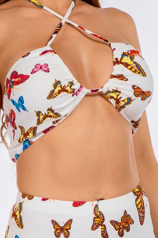 In Love Butterflies Bikini Top And Flared Long Pants Set - White - Close Up