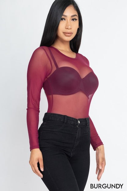 Mesh Shirt Sheer Blouse Long Sleeves Bodysuit - Burgundy