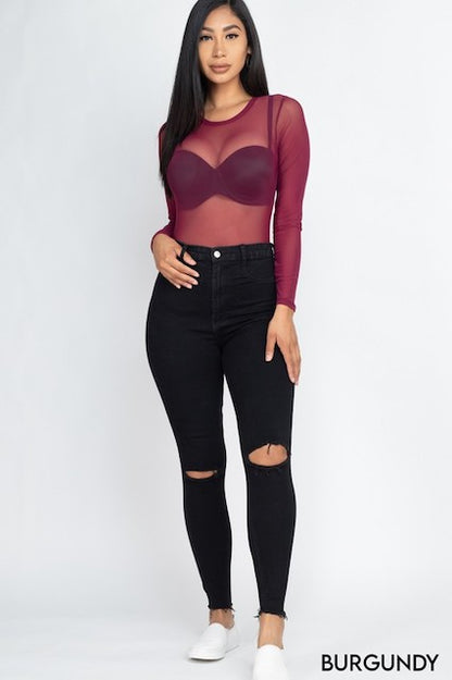 Mesh Shirt Sheer Blouse Long Sleeves Bodysuit - Burgundy