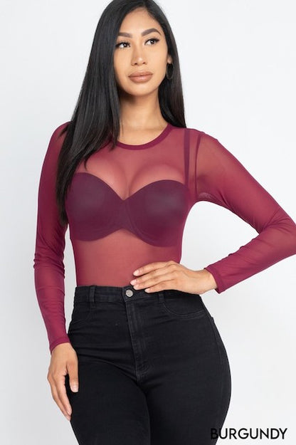 Mesh Shirt Sheer Blouse Long Sleeves Bodysuit - Burgundy