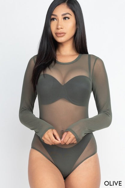 Mesh Shirt Sheer Blouse Long Sleeves Bodysuit - Olive