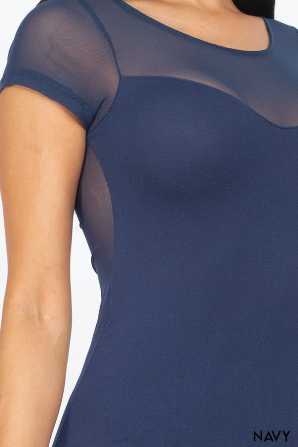 Sheer Meshed Sexy Bodycon Mini Dress - Navy - Close Up