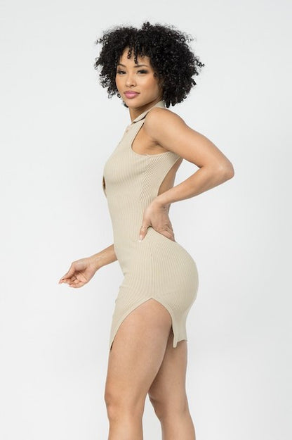 UnExpect Me Collar Ribbed Dress W/ Open Back - Stone