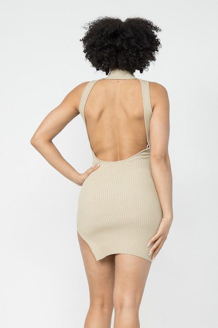 UnExpect Me Collar Ribbed Dress W/ Open Back - Stone - Back View