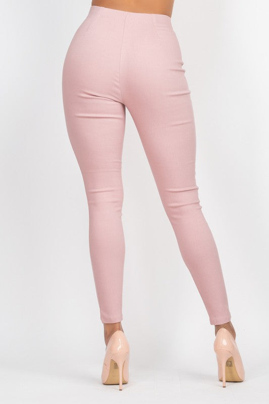 Twill Solid High Waist Pants - Pink - Back View