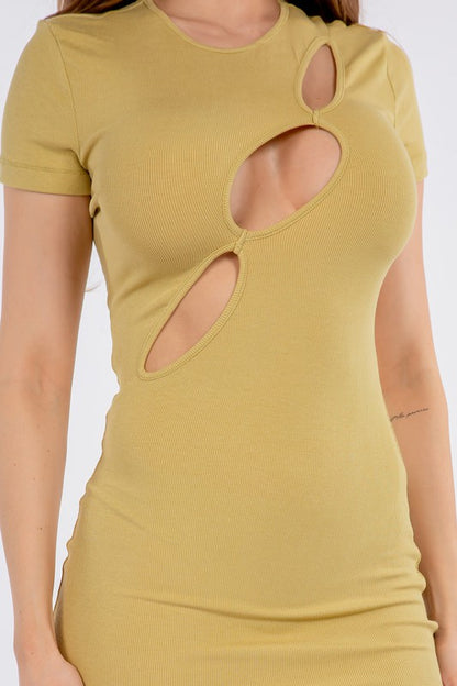 Short Sleeve Cutout Dress - Chartreuse Color
