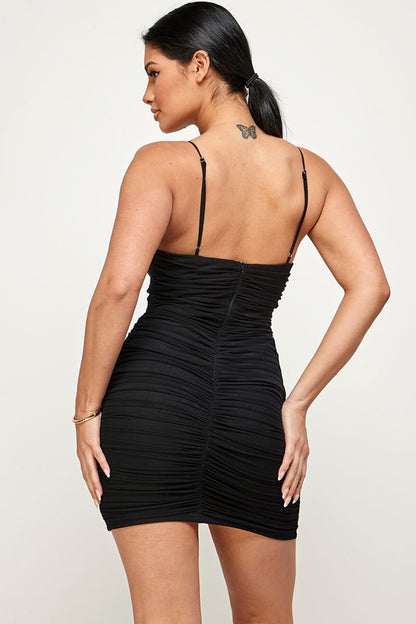 Vive Mesh V Boning Bodycon Cami Mini Dress - Black - Back View