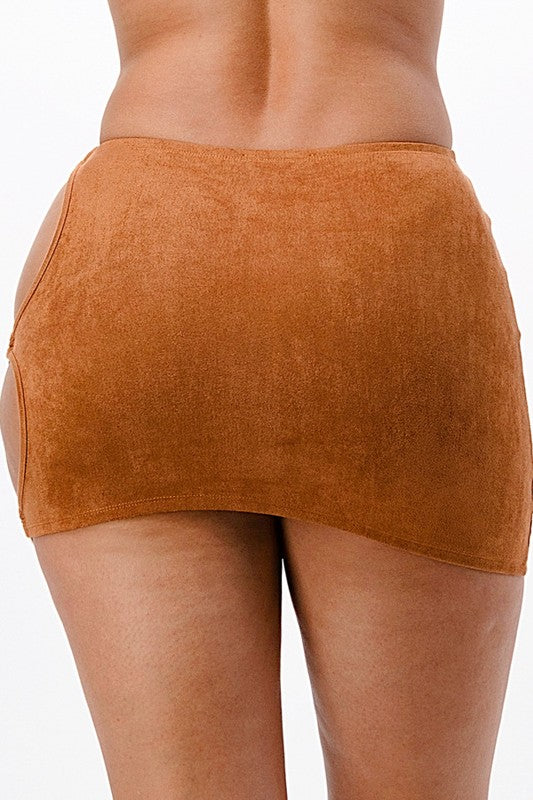 Suede Mini Skirt With Side Cutout and O Rings - Camel - Back View