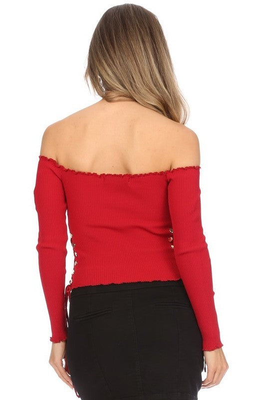 back of Rib Crinkled Off Shoulder Lace Up Top in red