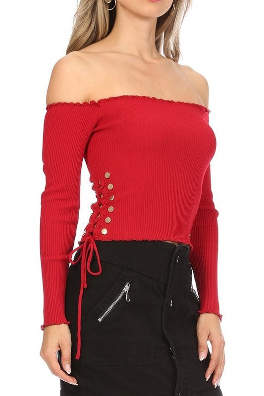 Rib Crinkled Off Shoulder Lace Up Top in red
