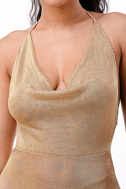 Cowl Neck Mesh Mini Dress With Side Slits - Gold - Close Up
