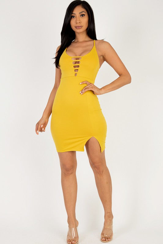 Solid Knit Cami Ladder Cut out Mini Dress in mustard Color