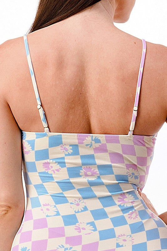 Close up of Spaghetti Strap Floral Checkerboard Mini Dress