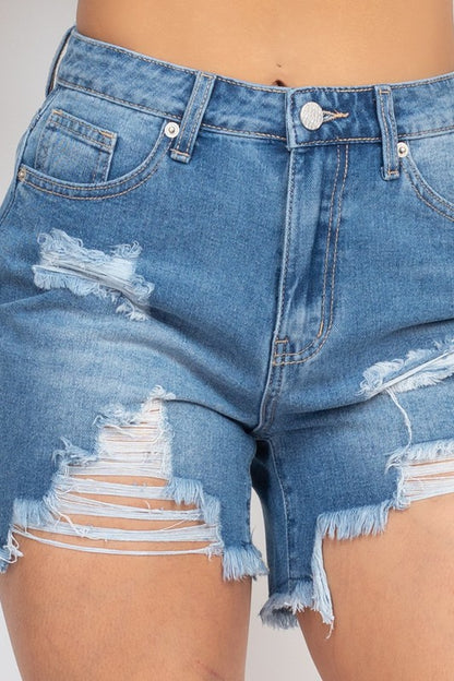 Destroyed Frayed Hem Denim Shorts - Blue