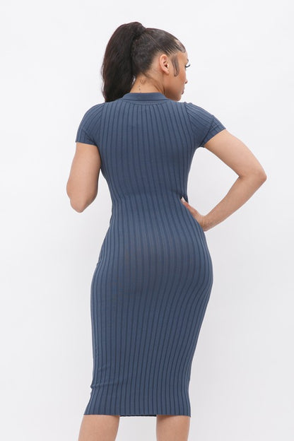 Midi Collar Dress With Button Closure - Blue - Back View