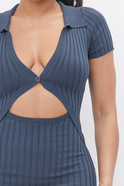 Midi Collar Dress With Button Closure - Blue - Close Up