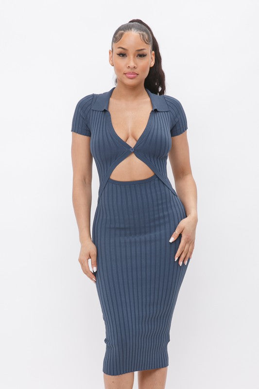Midi Collar Dress With Button Closure - Blue