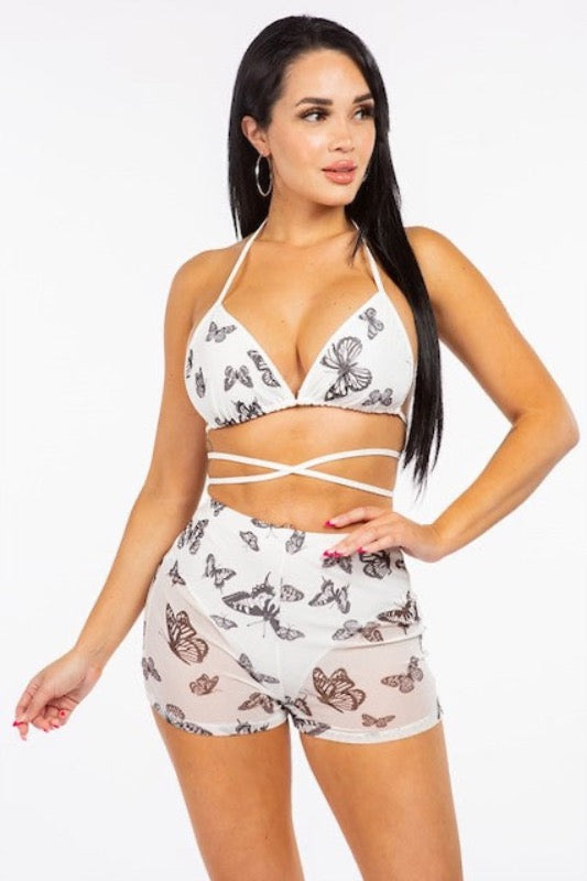 Butterfly Beauty Bra and Shorts Mesh Set in white color