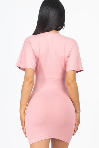 Dolman Sleeves Solid Mini Dress - Pink - Back View