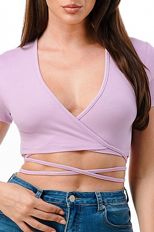 Wrapped Tied Ribbed Top - Lavender