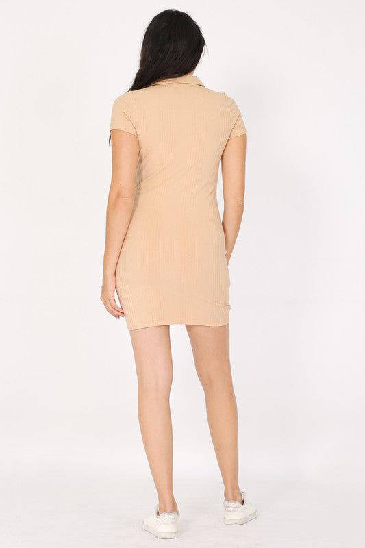 Variegated Rib Short Sleeve Polo Dress - Beige - Back View