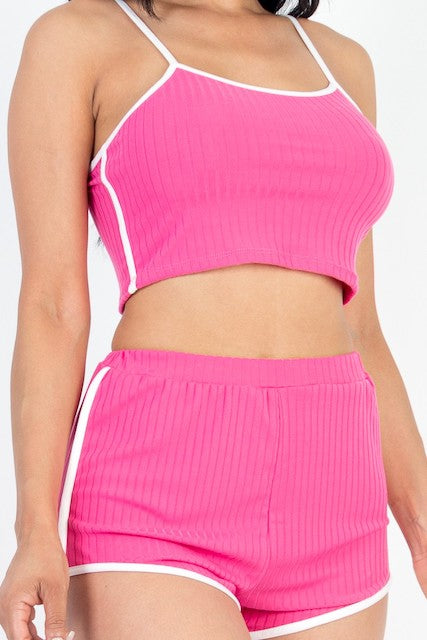 Contrast Trim Crop Vest Cami & Shorts Set - Berry