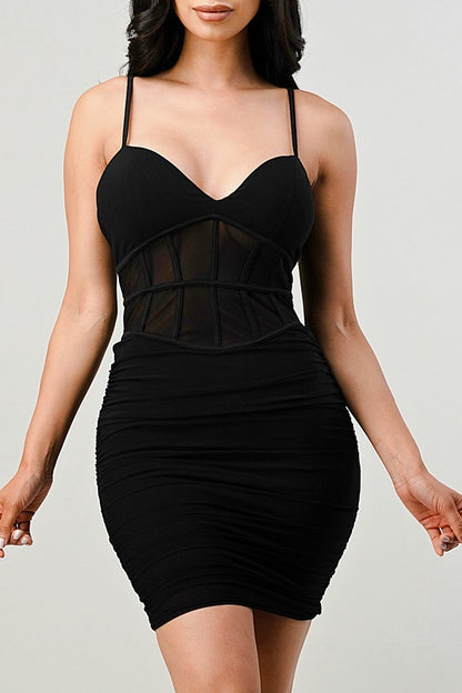 Sweetheart Bra Cup Mesh Lined Dress - Black