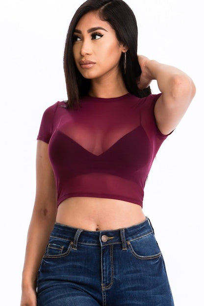 Mesh Sheer Blouse Crop Top - Burgundy