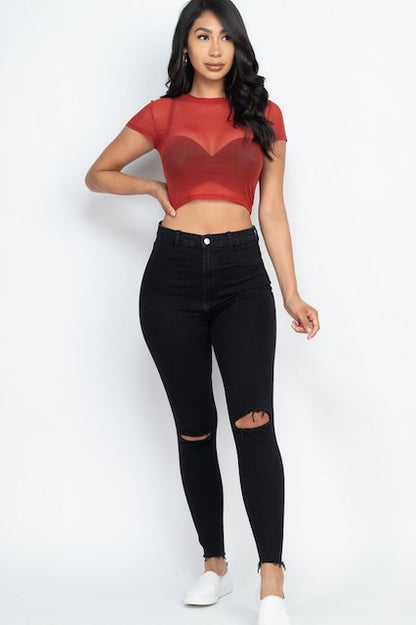 Mesh Sheer Blouse Crop Top - Rust