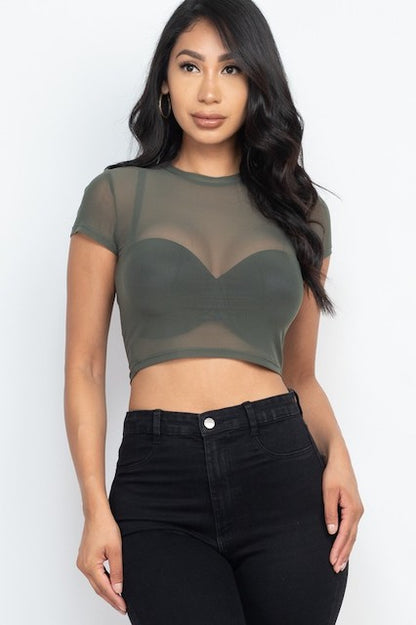 Mesh Sheer Blouse Crop Top - Olive