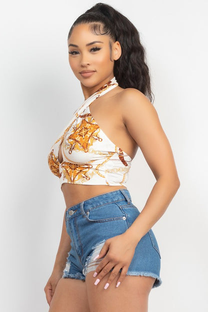 Halter Neck Cut-Out Printed Top - White